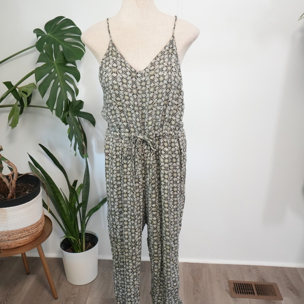 Free People Floral Jumpsuit Womens Small Black Cream Boho Open Back Strappy